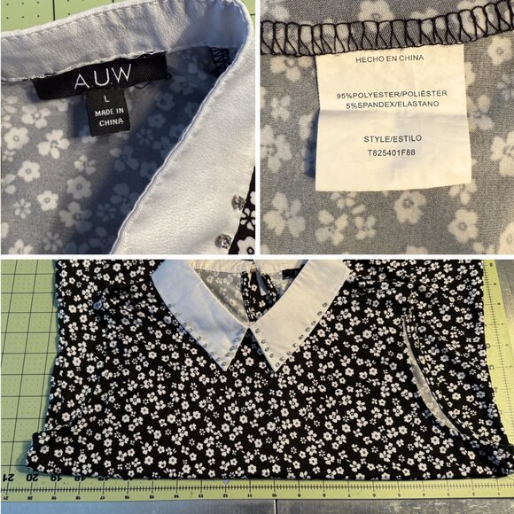 AUW Black Floral Blouse w/ Jeweled White Collar | Sleeveless Chic Top SZ: L - Picture 3 of 4